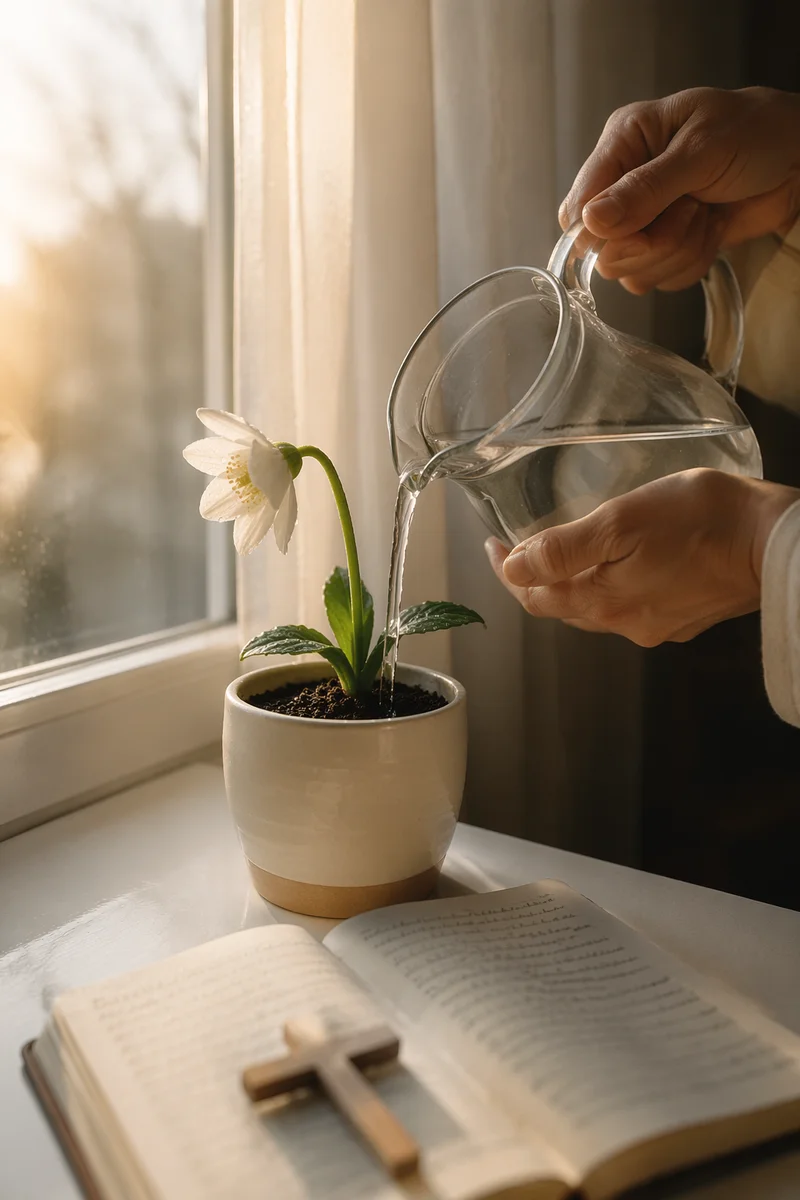 Reviving White Flower on Prayerful Windowsill