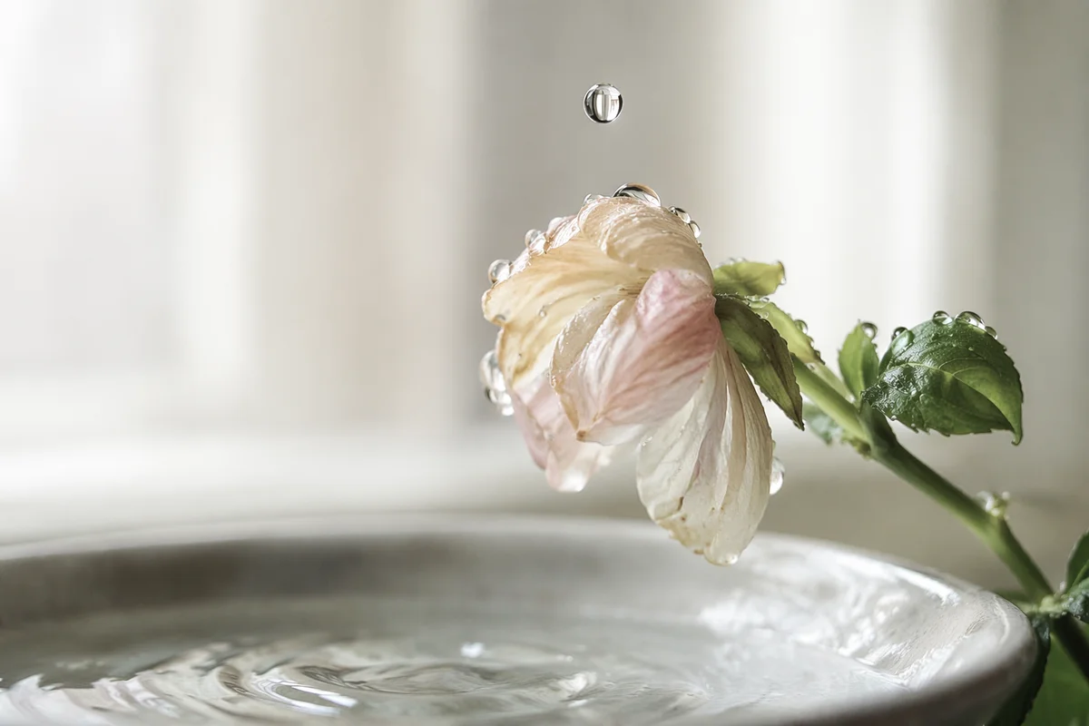 Wilted Flower Revived by Morning Water Drops