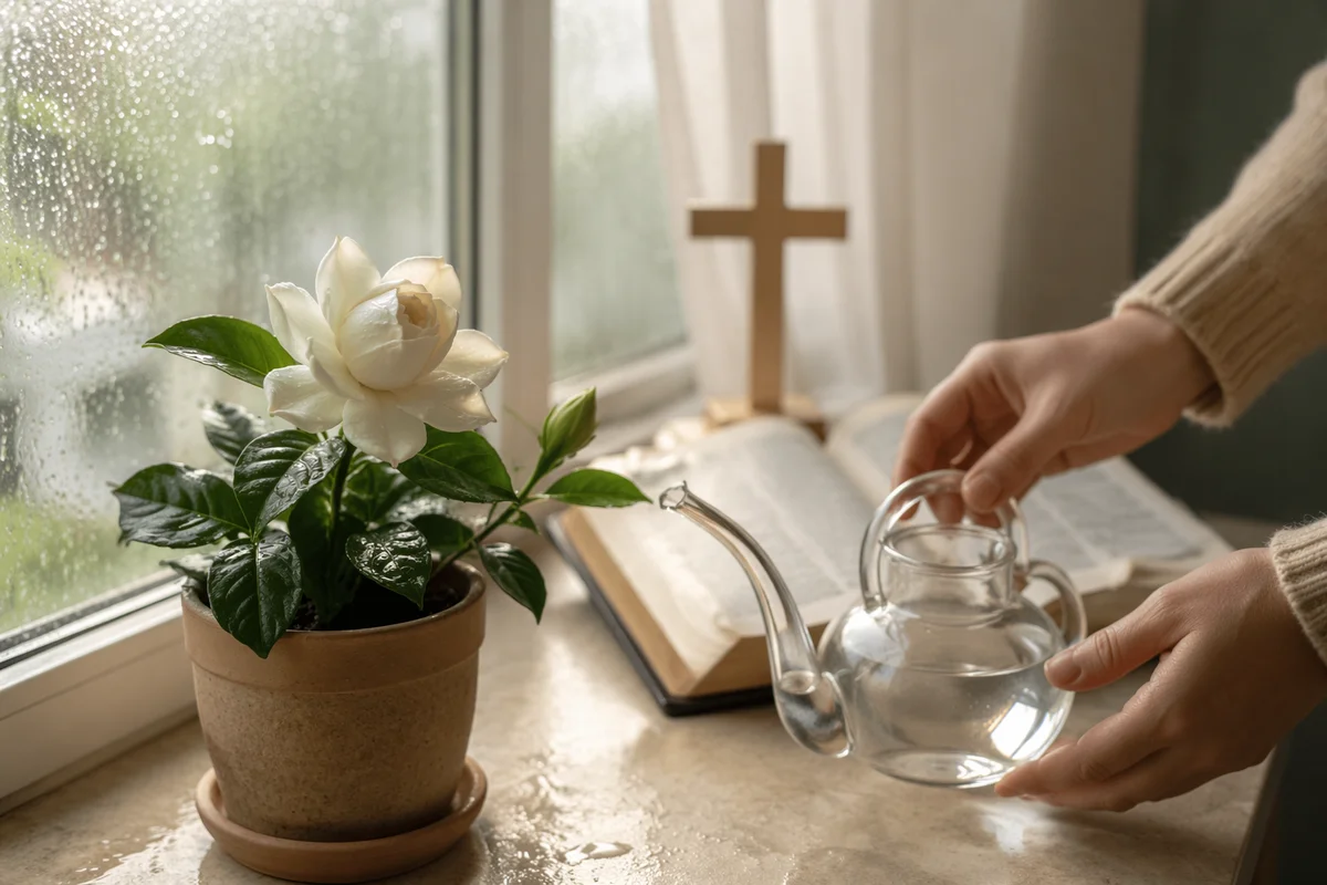Reviving Gardenia on Rainy Morning Windowsill