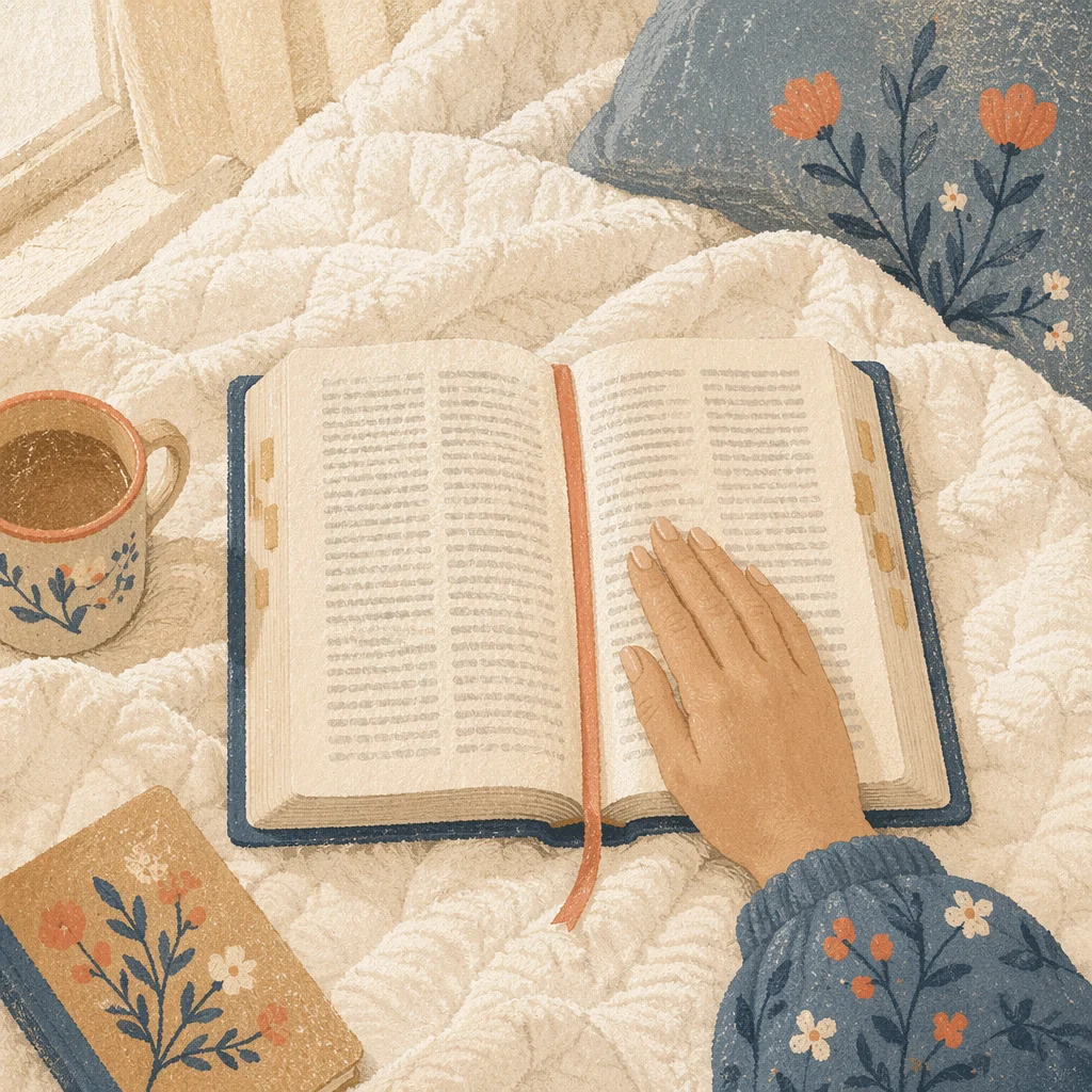 Open Bible on Cozy White Blanket