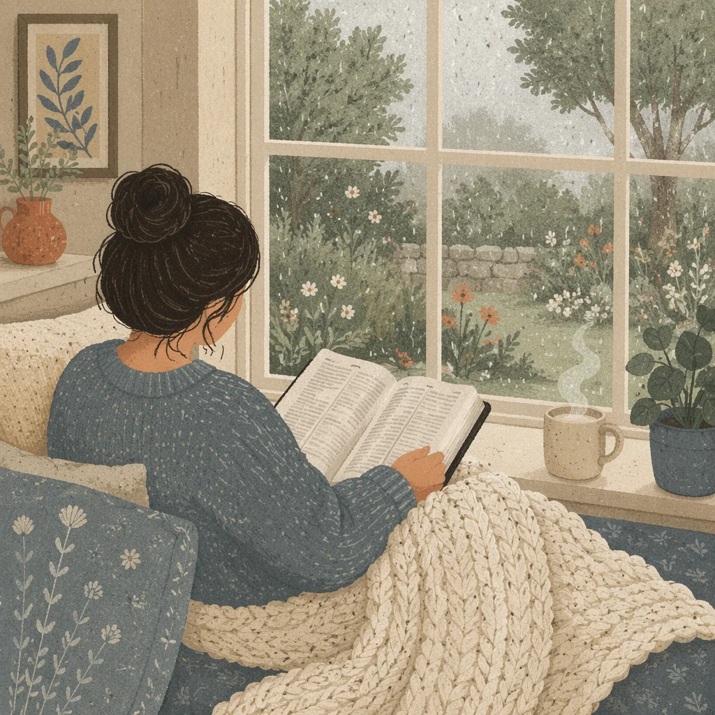 Cozy Morning Bible Devotion by Rainy Window