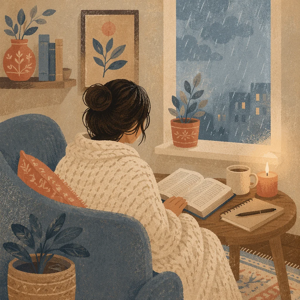 Woman Reading Bible by Rainy Window