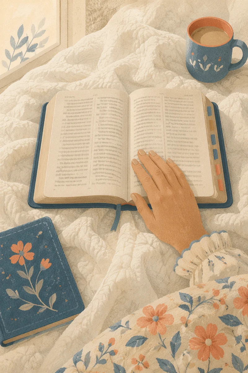 Cozy Morning Bible Devotion on Quilt