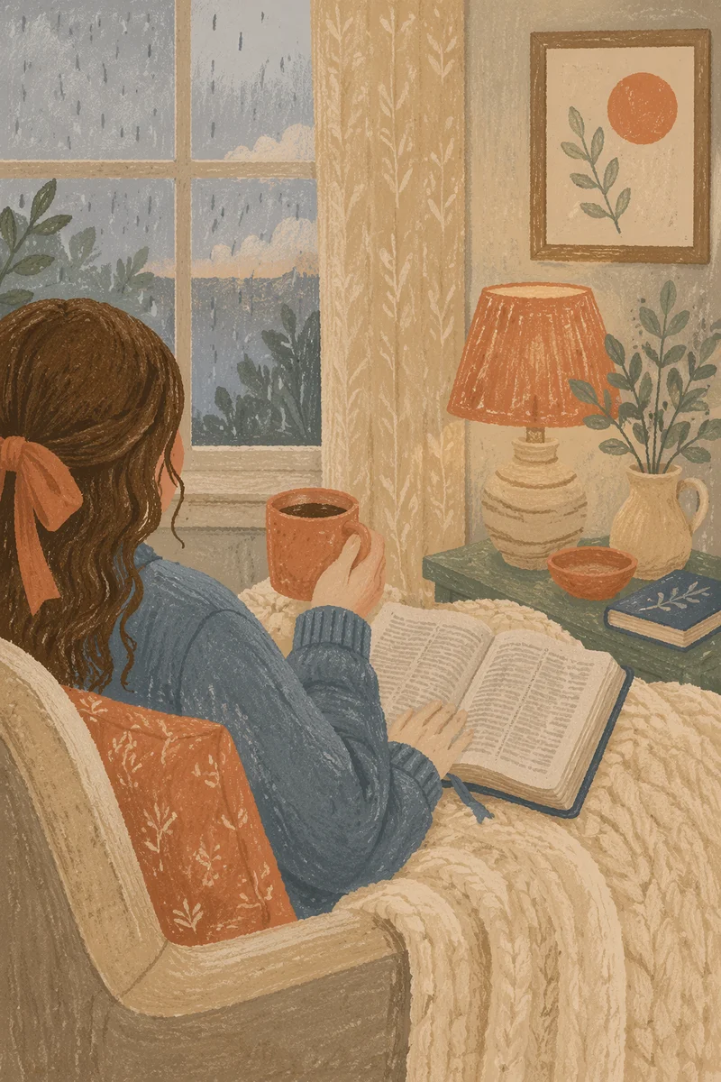 Cozy Morning Bible Devotion by Rainy Window