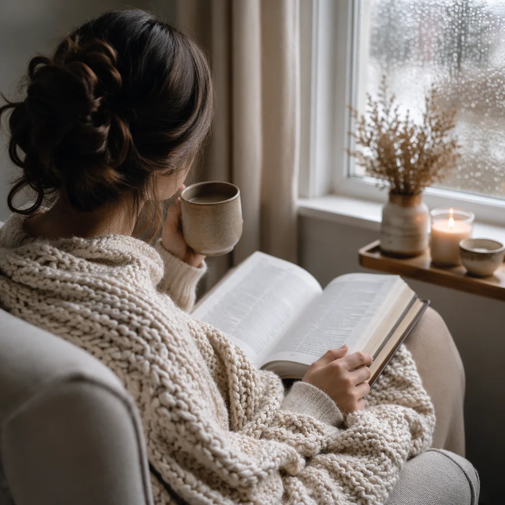Cozy Morning Bible Devotion by Rainy Window