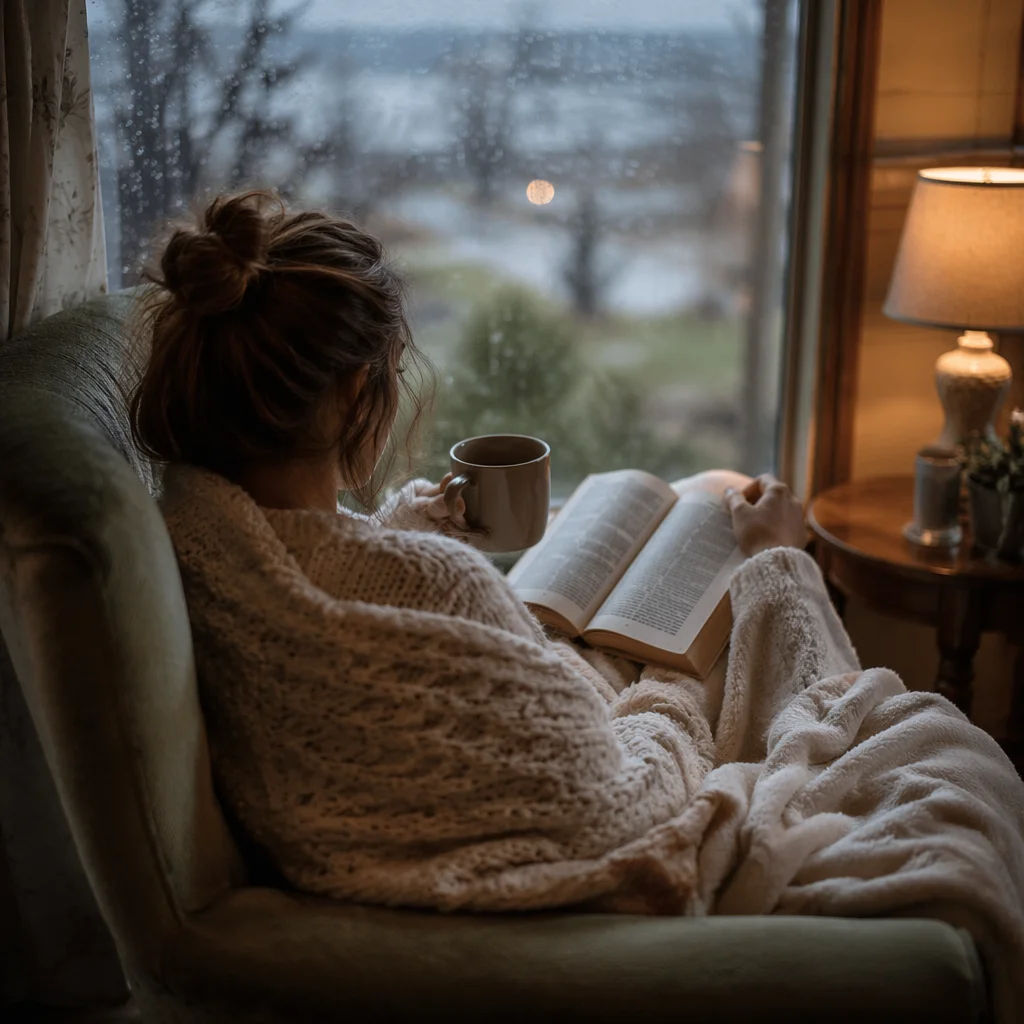Woman Reading by Rainy Window