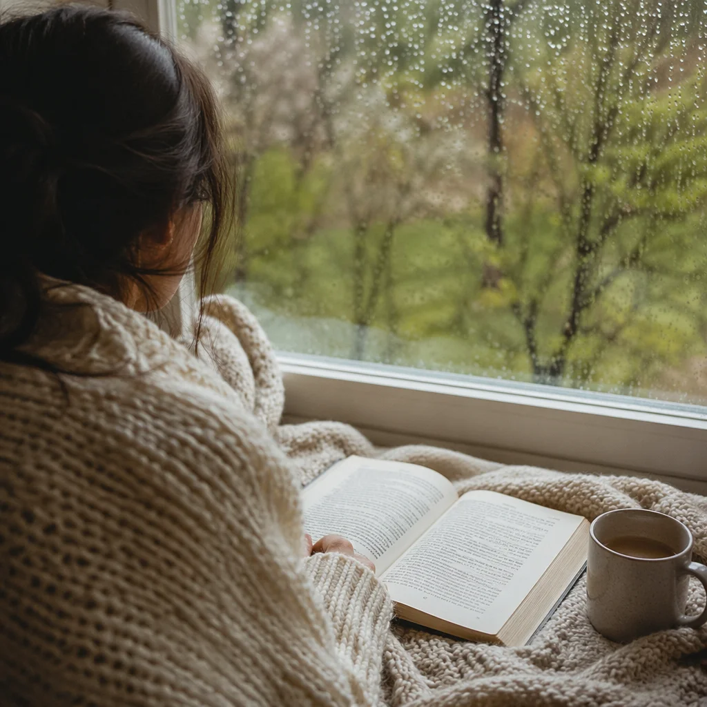 Cozy Morning Bible Devotion by Rainy Window