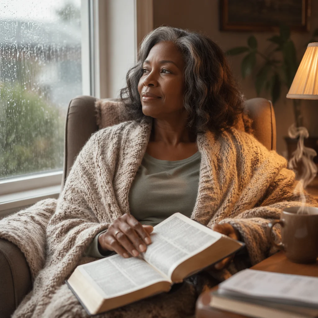 Woman Reading Bible by Rainy Window