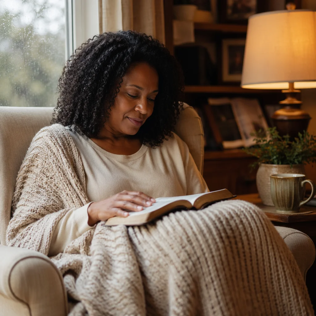 Woman Reading Bible by Rainy Window