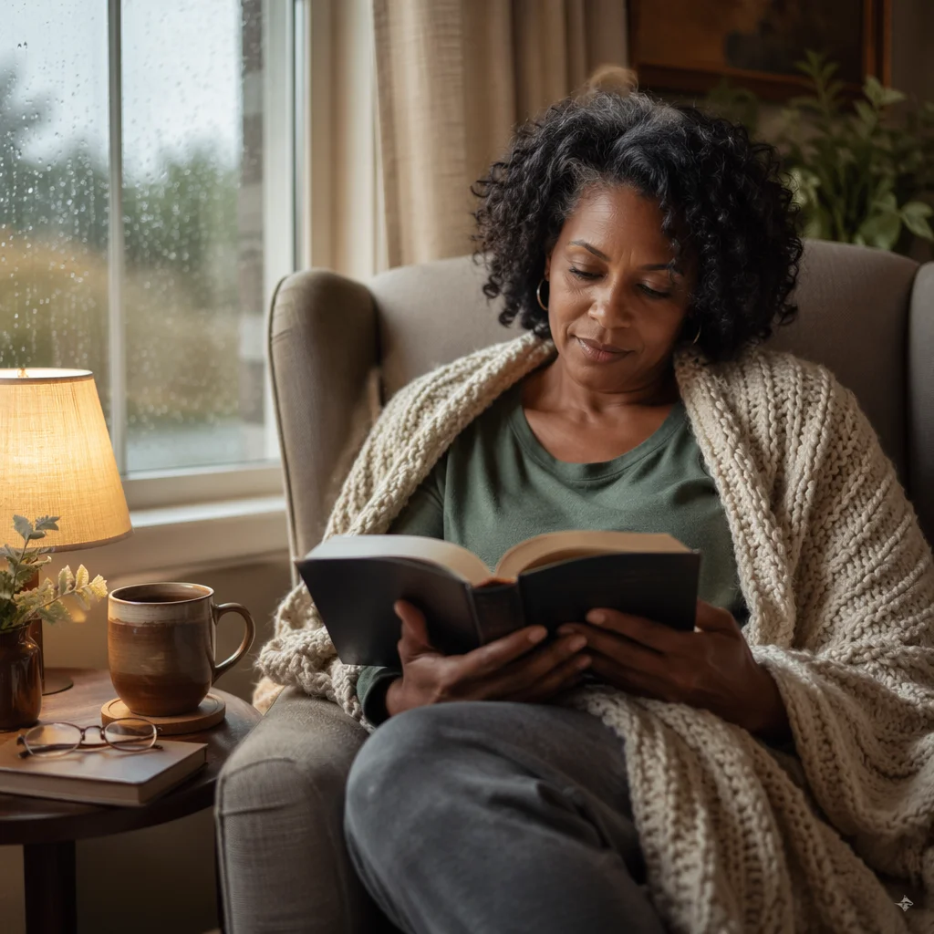 Woman Reading Bible by Rainy Window