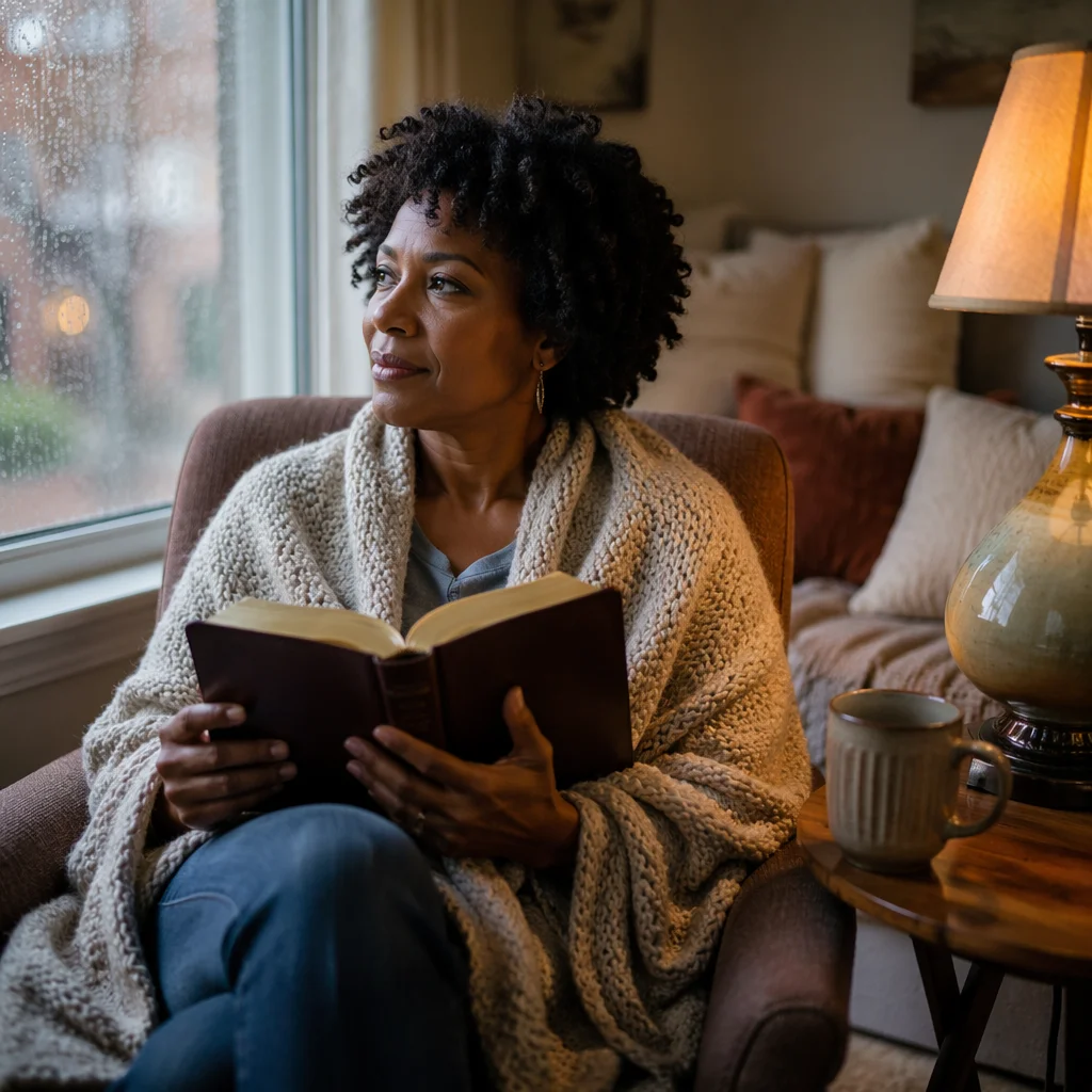 Woman Reading Bible by Rainy Window