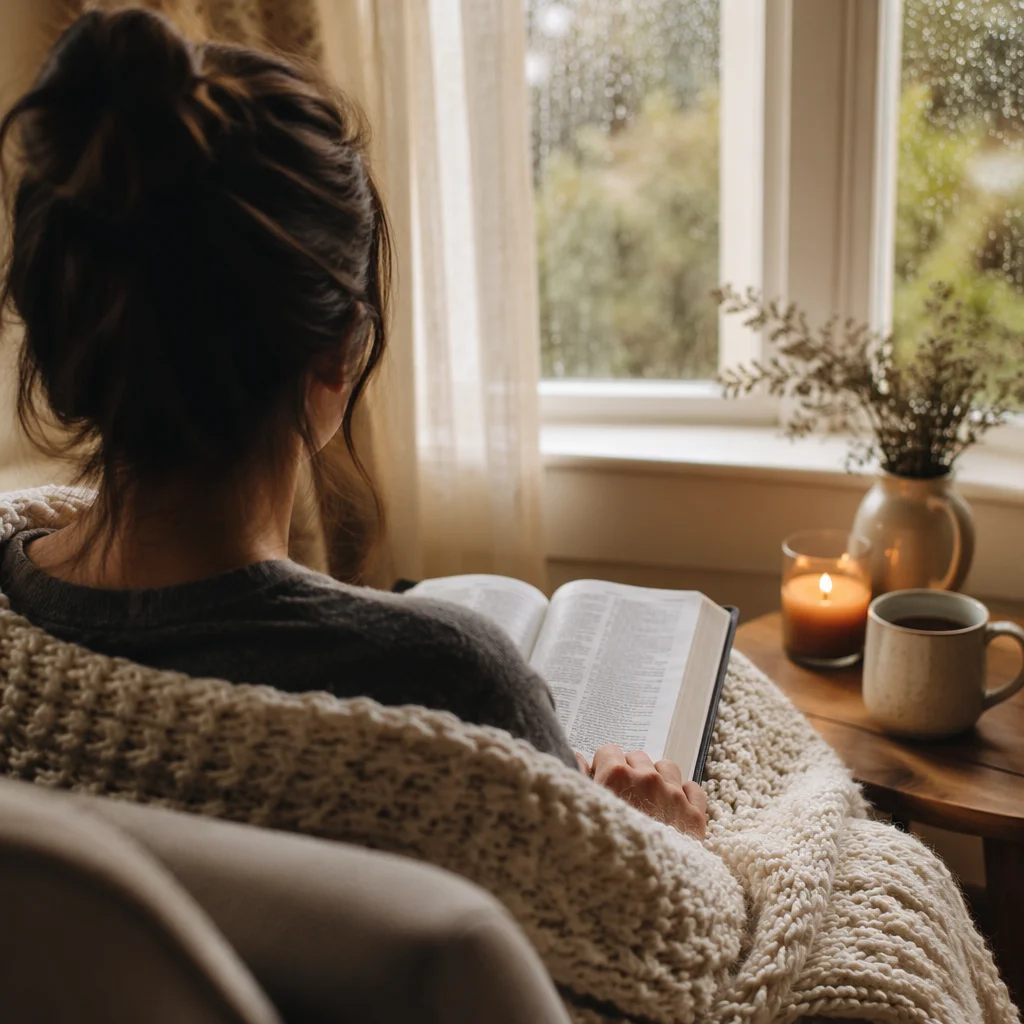 Woman Reading Bible by Rainy Window