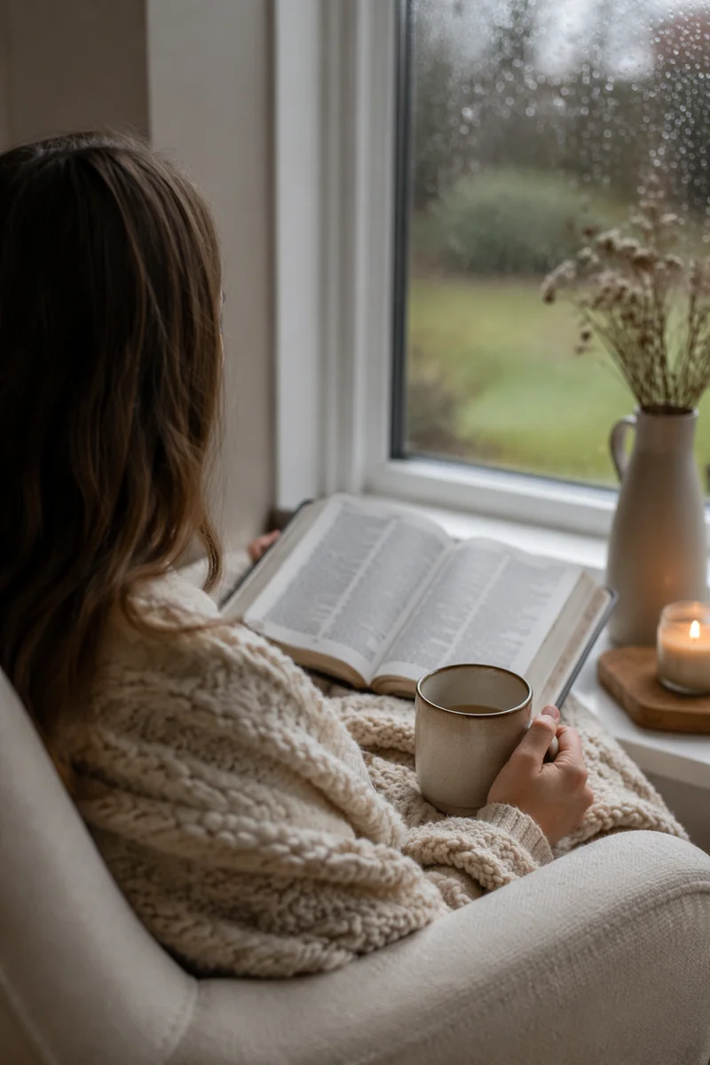 Cozy Morning Bible Devotion by Rainy Window