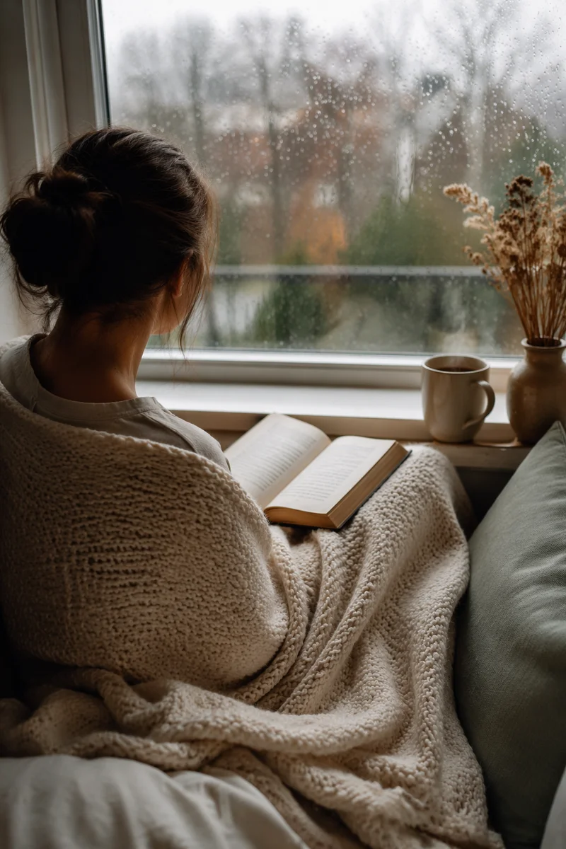 Woman Reading by Rainy Window Seat