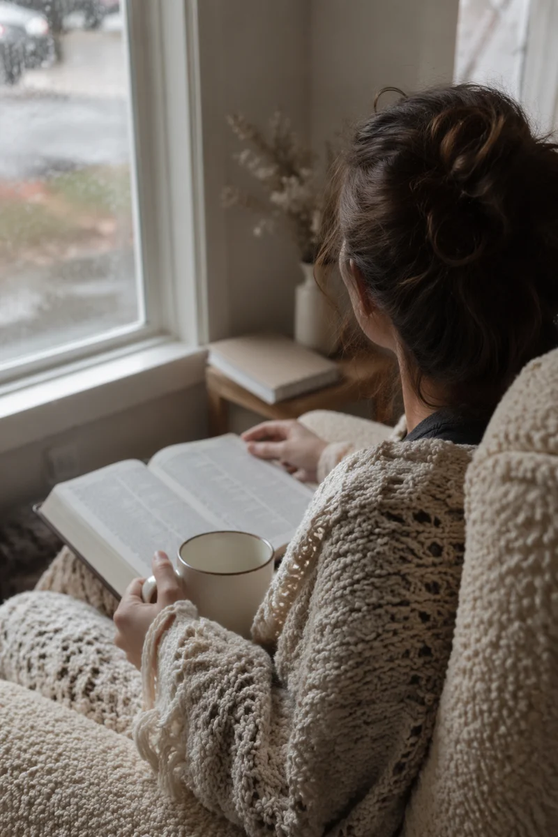 Woman Reading by Rainy Window