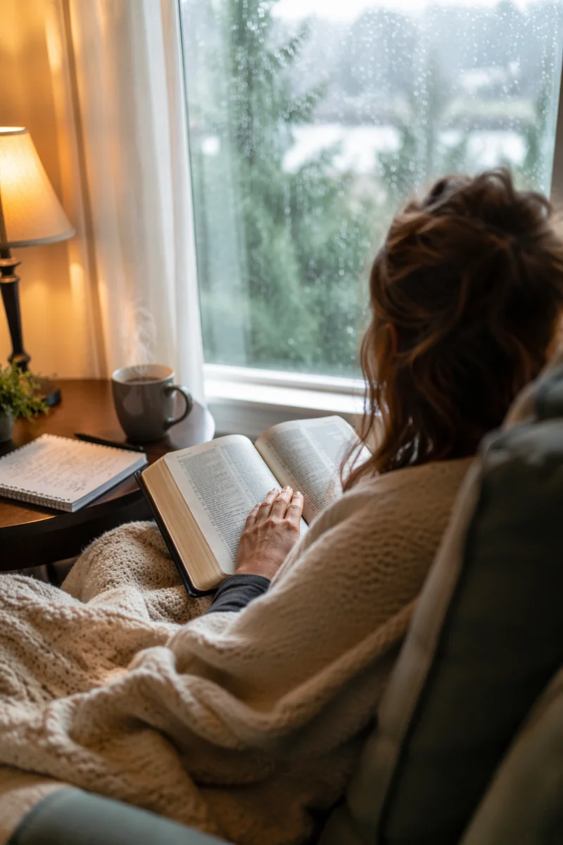 Cozy Morning Bible Devotion by Rainy Window