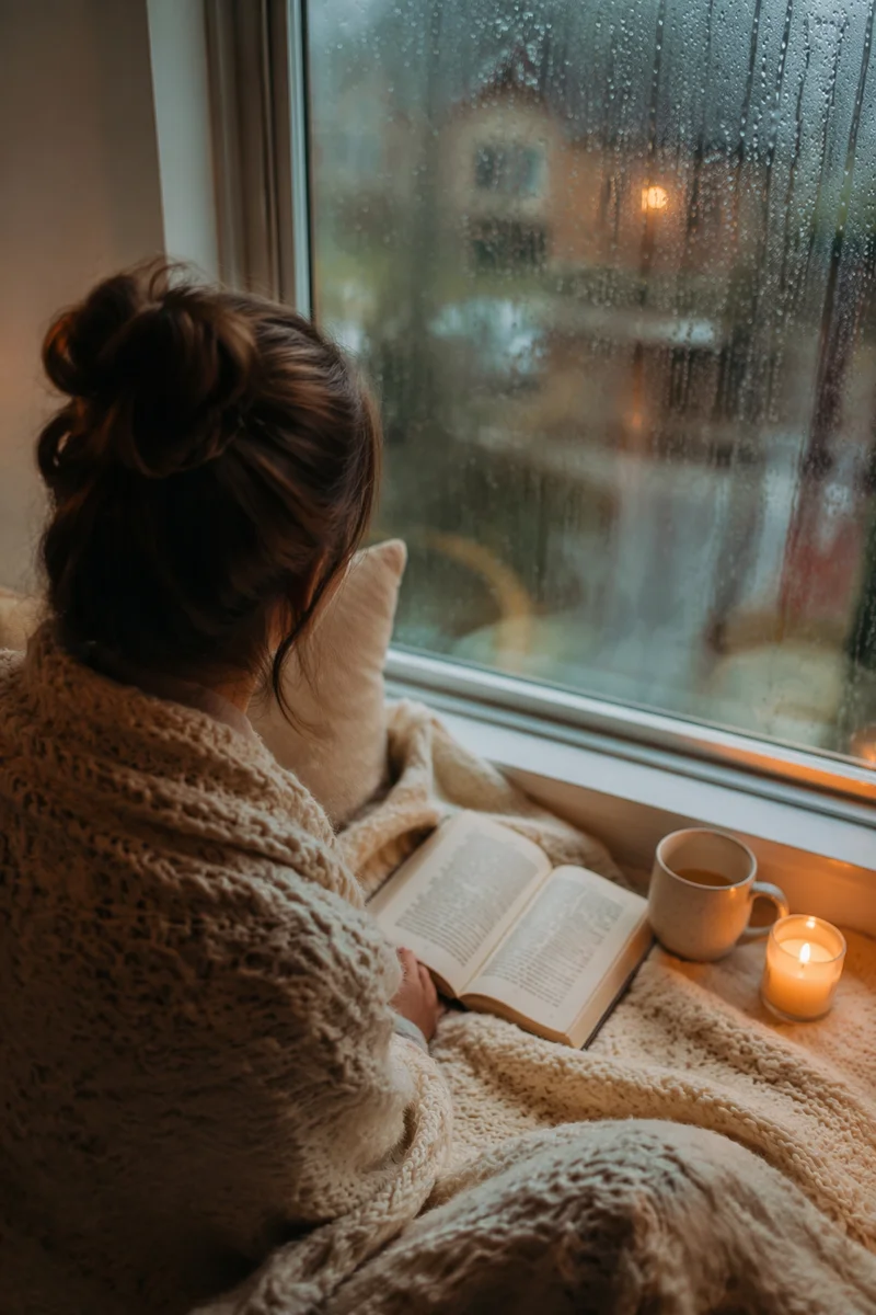 Woman Reading Bible in Rainy Window Nook