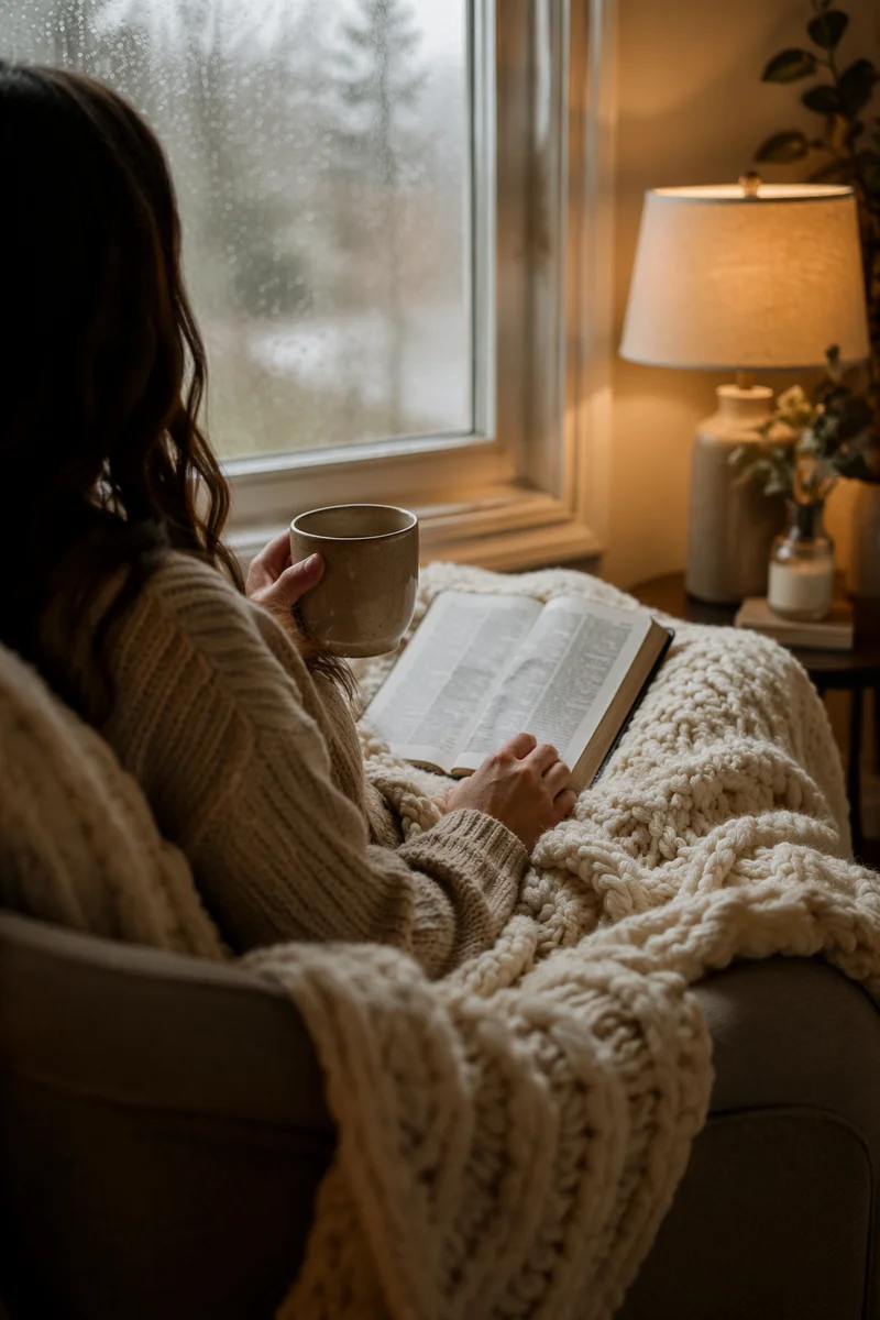 Cozy Morning Bible Devotion by Rainy Window