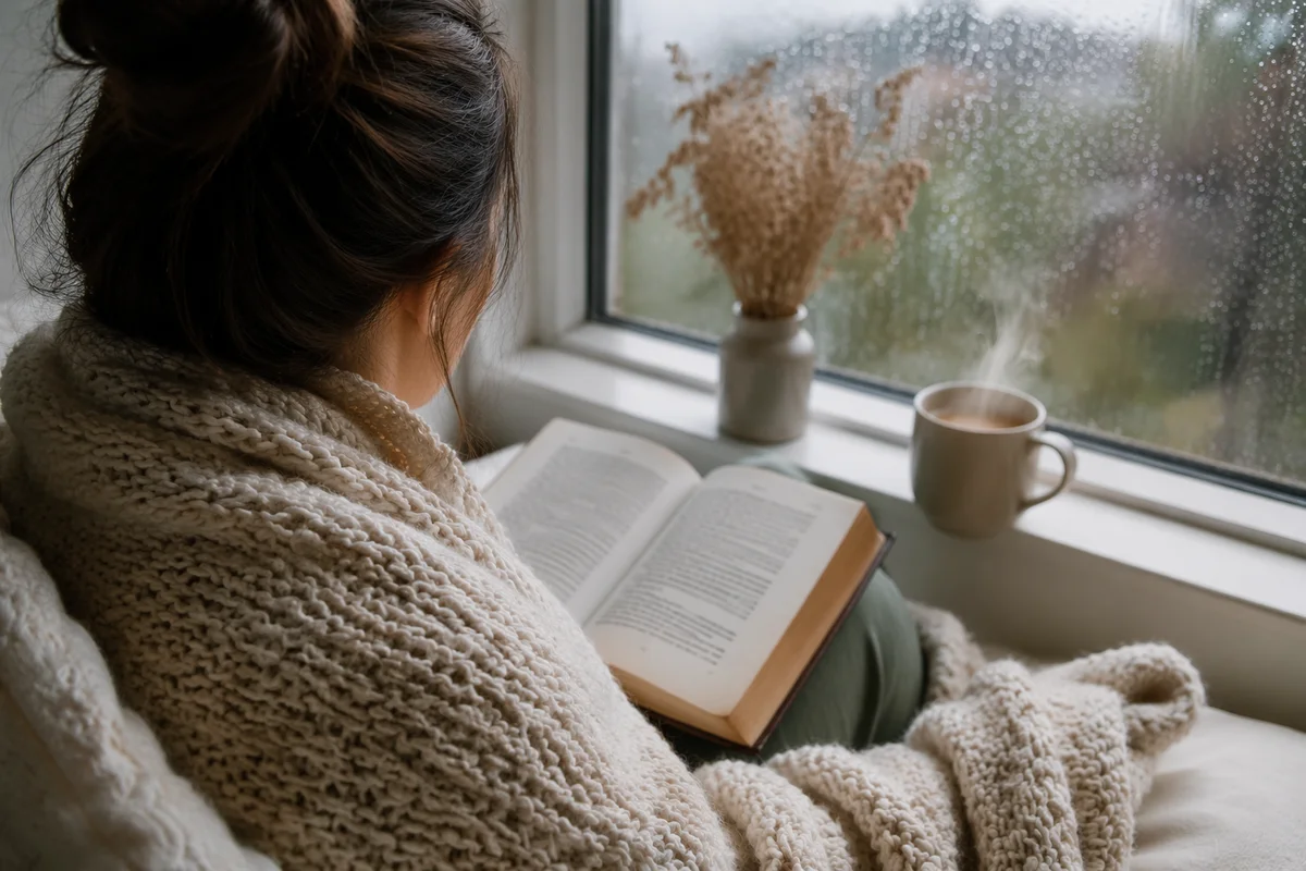 Cozy Morning Bible Devotion by Rainy Window