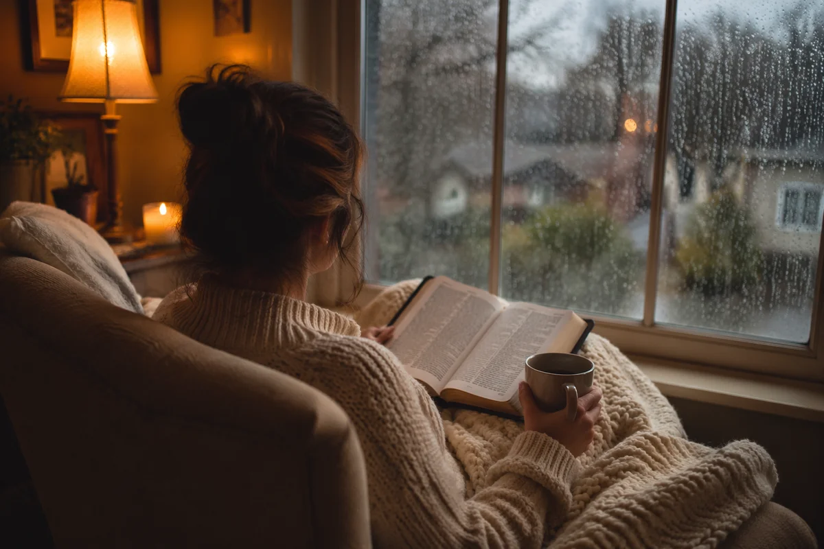 Woman Reading by Rainy Window