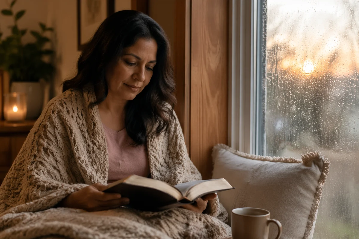 Woman Reading Bible in Window Nook