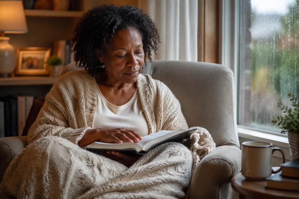 Woman Reading Bible by Rainy Window