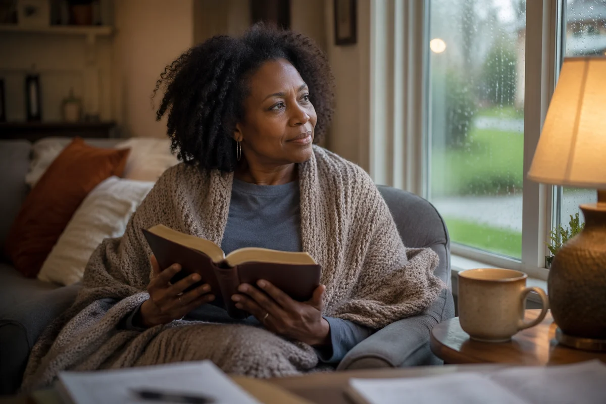 Woman Reading Bible by Rainy Window
