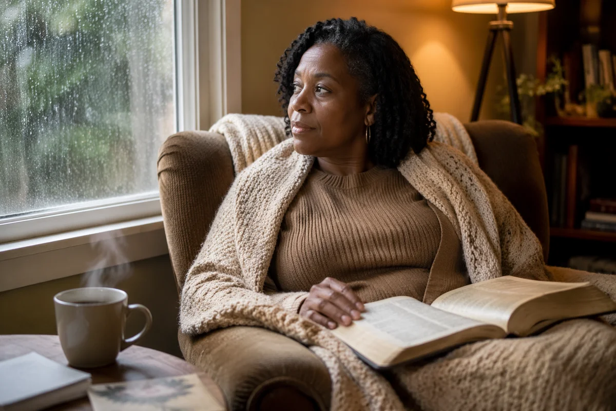 Woman Reading Bible by Rainy Window