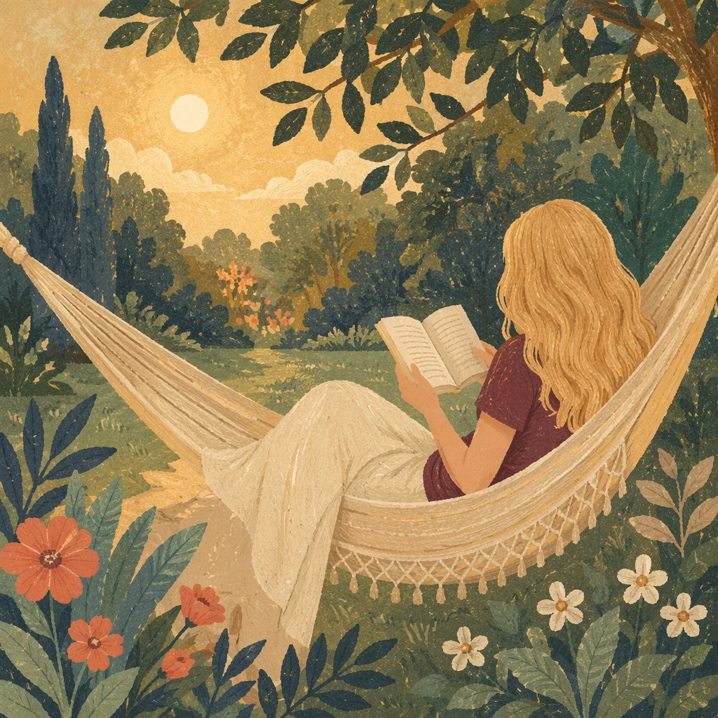 Woman Reading Peacefully in Garden Hammock