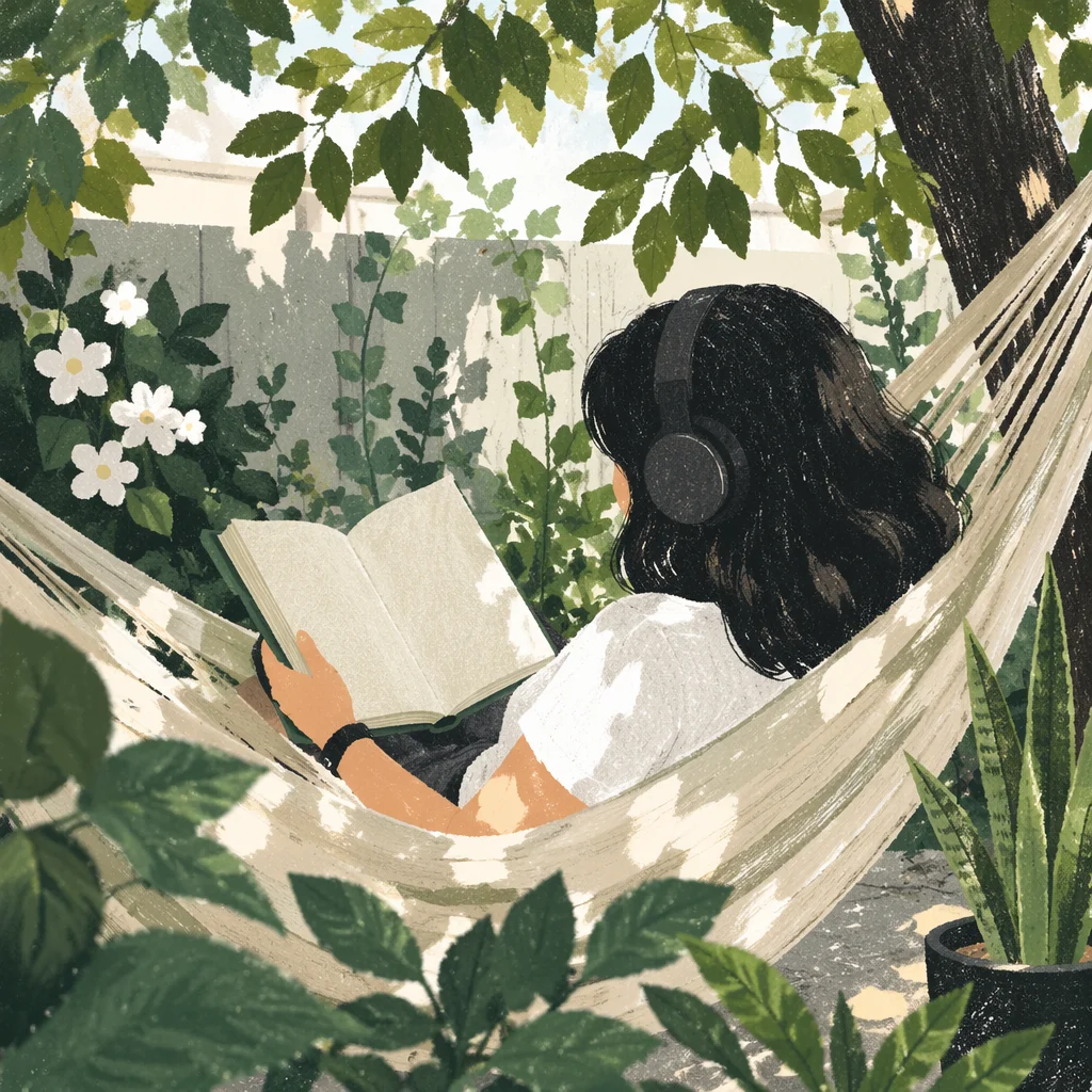 Woman Reading in a Sunny Garden Hammock