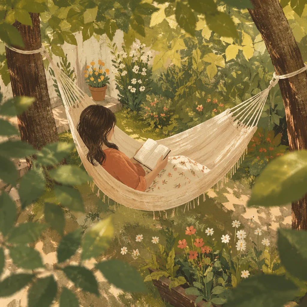 Peaceful Woman Reading in Garden Hammock