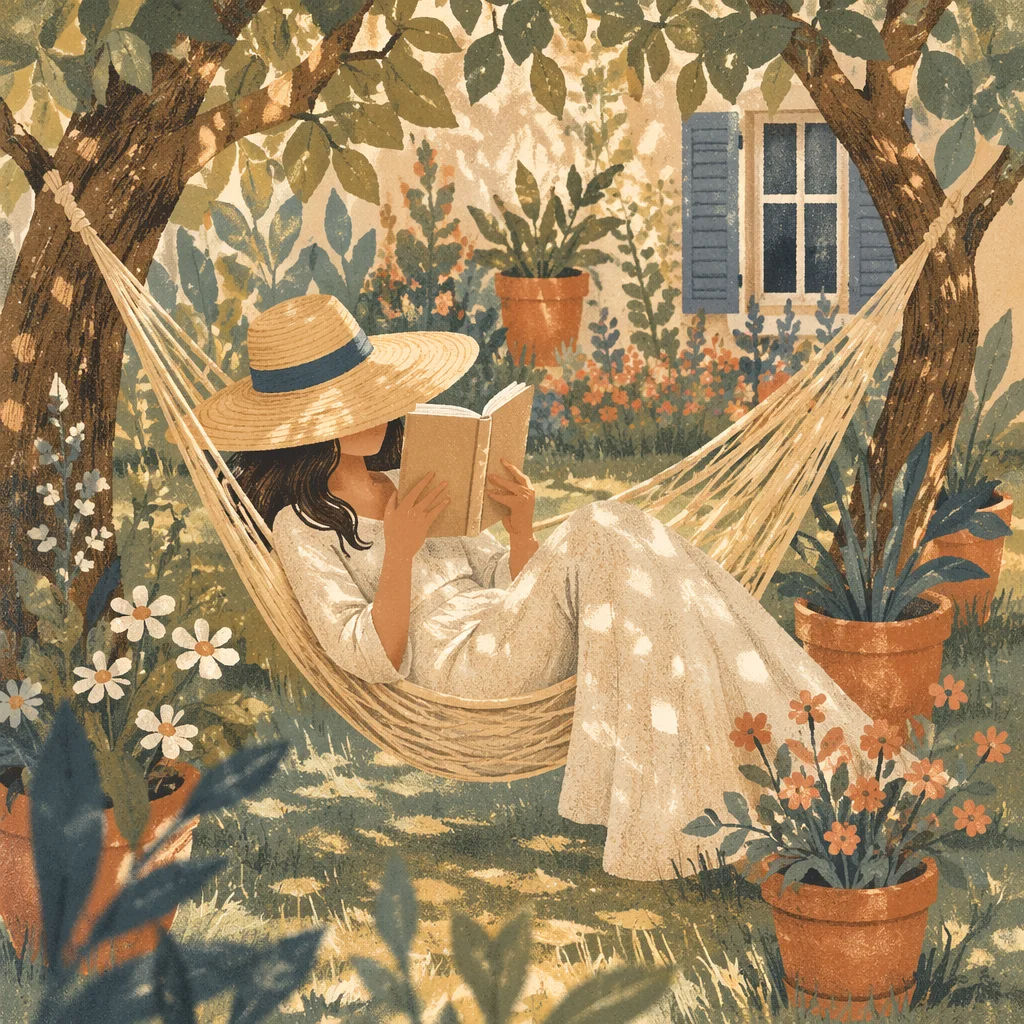 Woman Reading in Garden Hammock