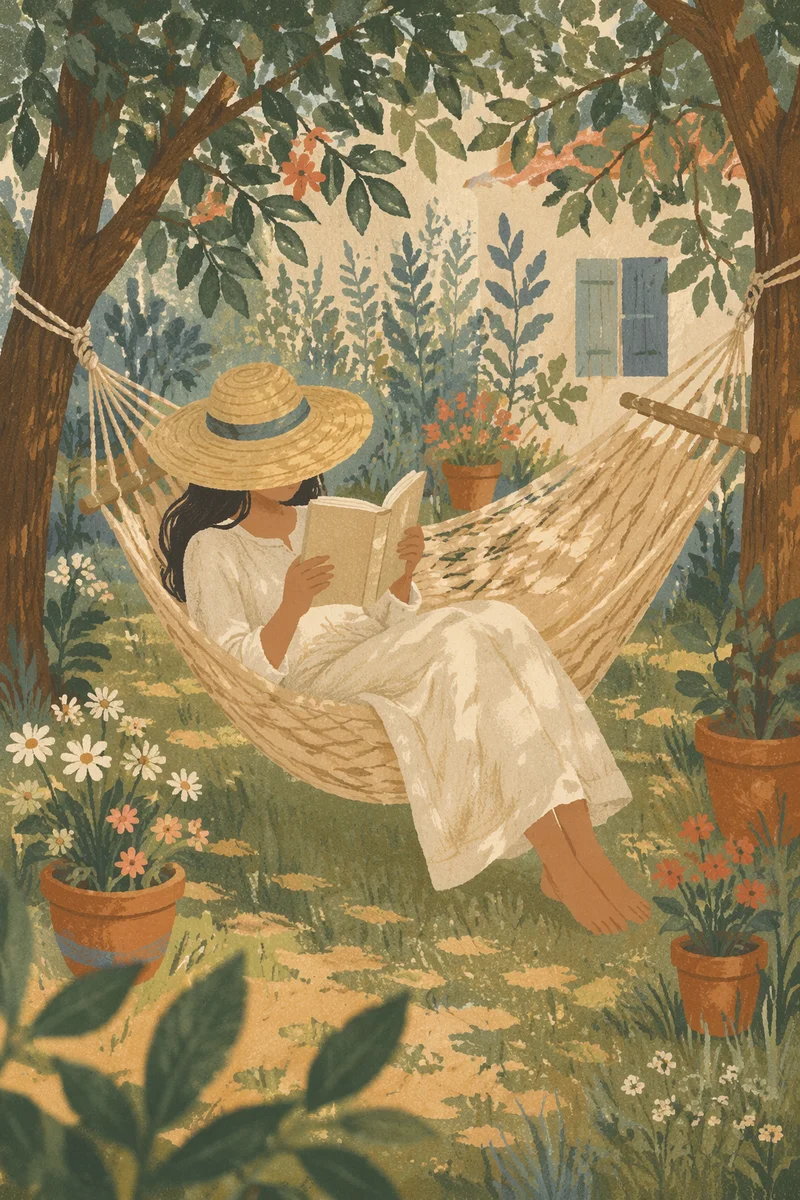 Woman Reading in Garden Hammock