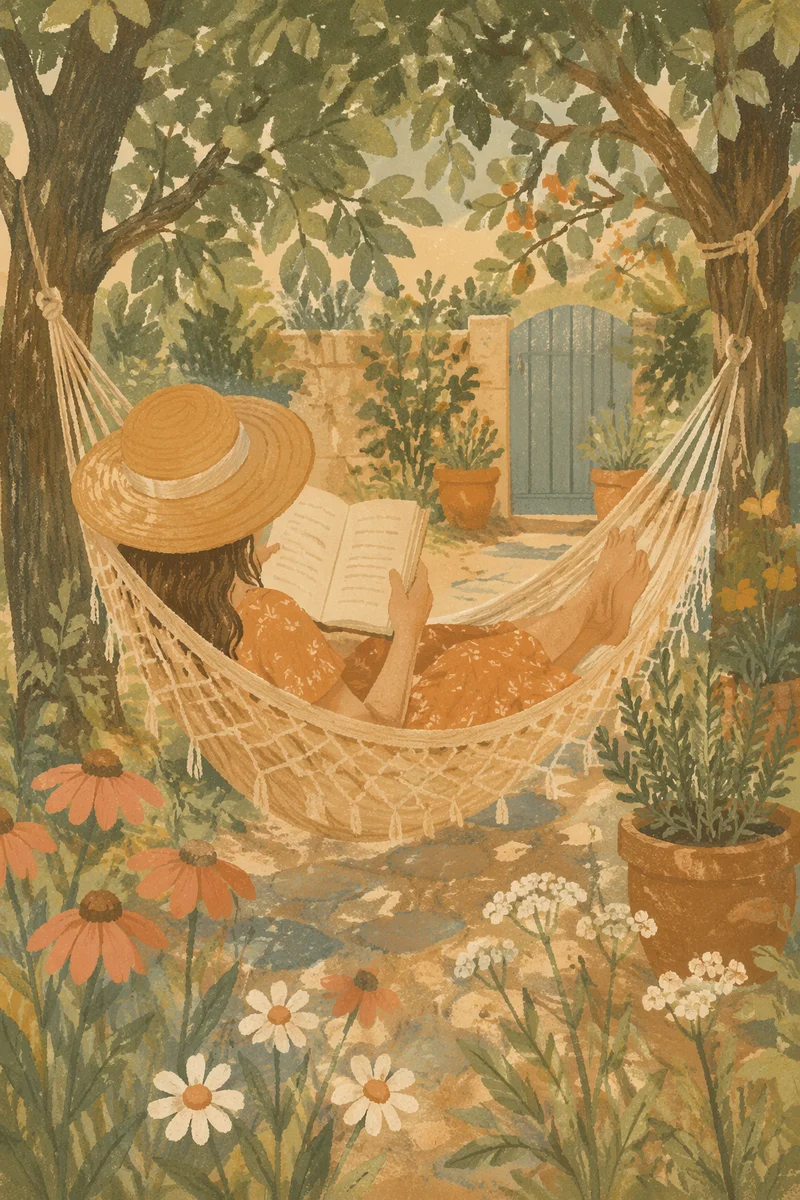 Peaceful Woman Reading in Garden Hammock
