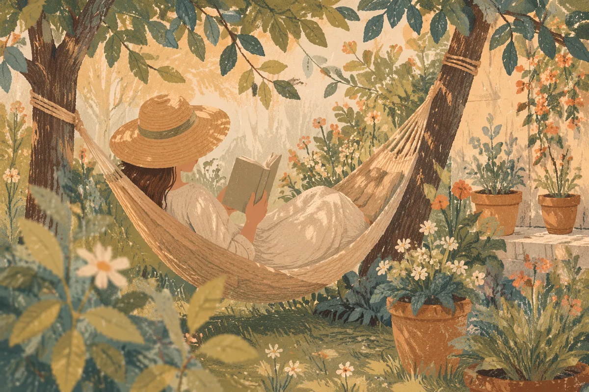 Woman Reading in Garden Hammock