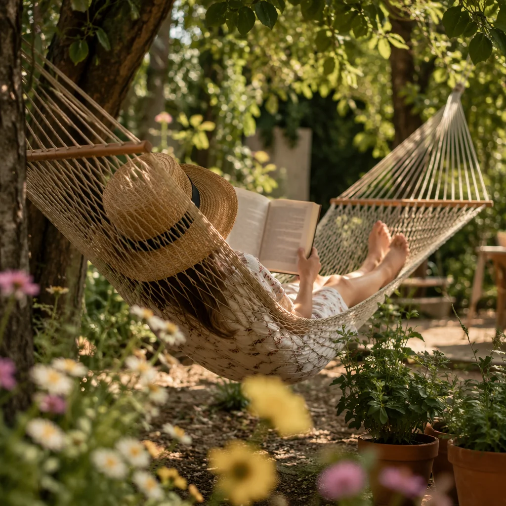 Woman Reading in Garden Hammock
