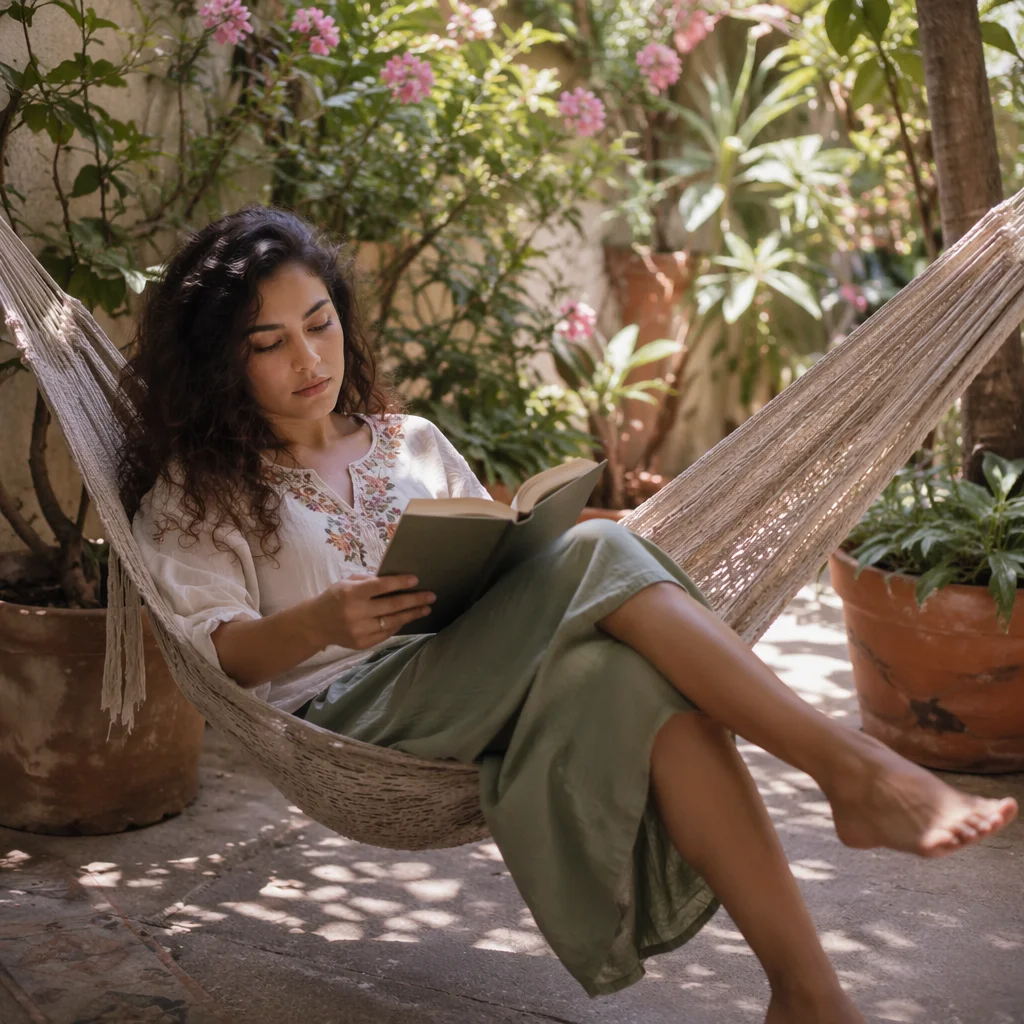 Woman Reading in Garden Hammock
