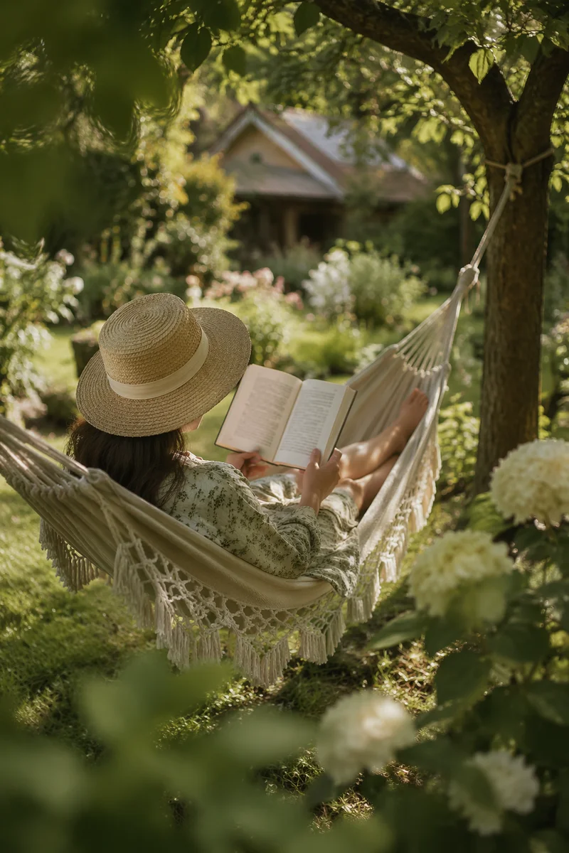 Woman Reading in Garden Hammock