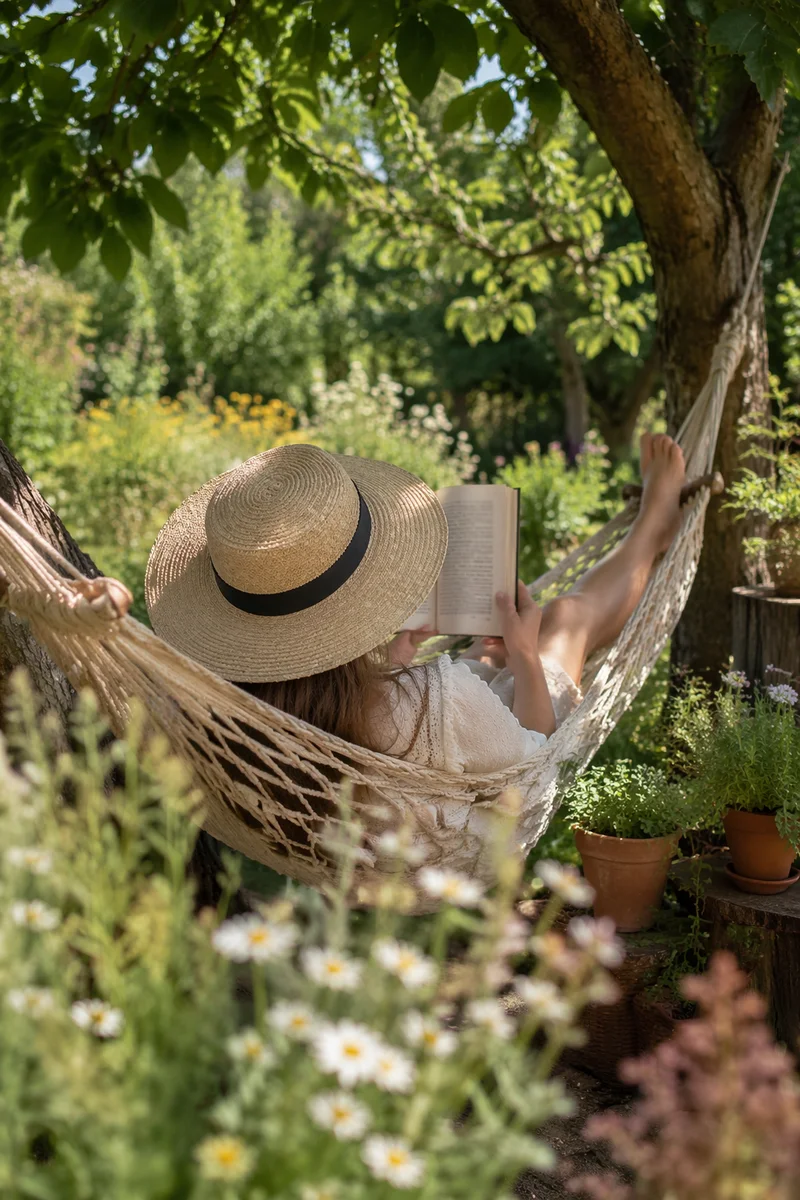 Woman Reading in Garden Hammock Retreat