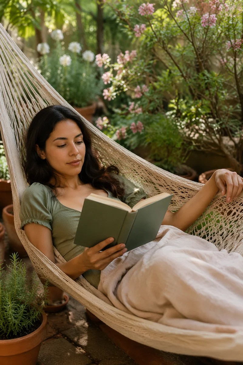 Woman Reading Book in Garden Hammock