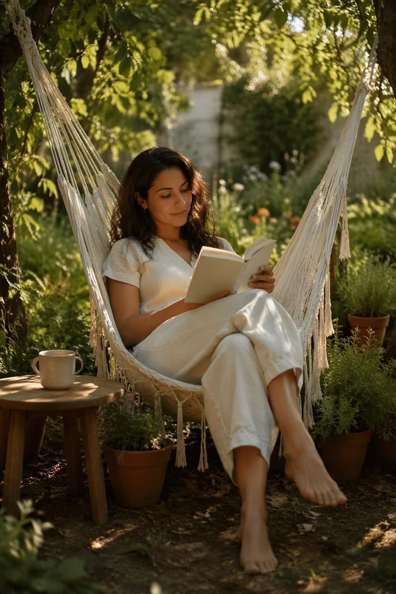 Woman Reading in Garden Hammock