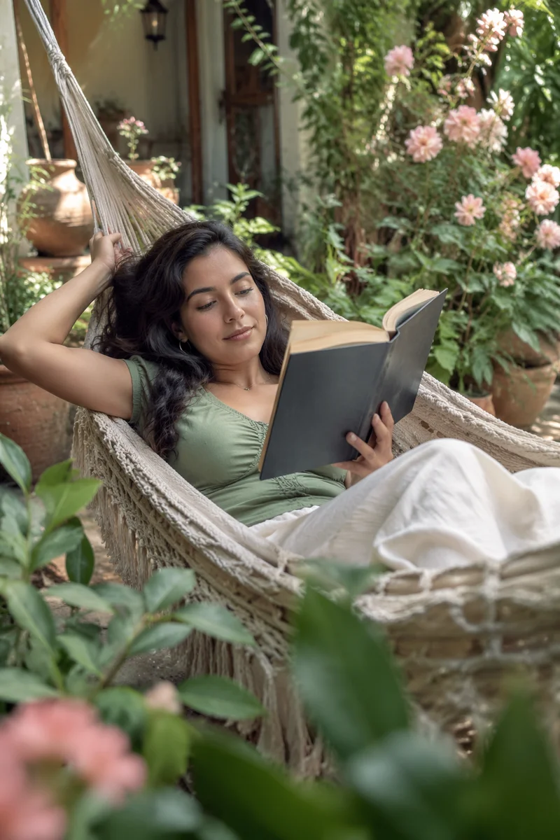 Young Woman Reading in Garden Hammock