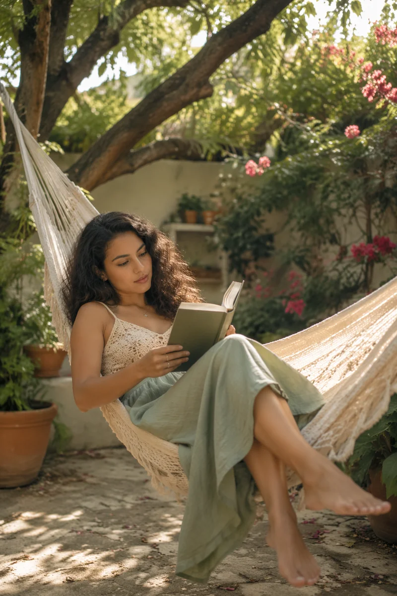 Woman Reading Book in Garden Hammock