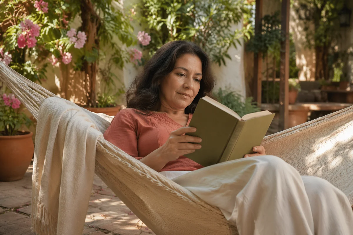 Woman Reading in Garden Hammock