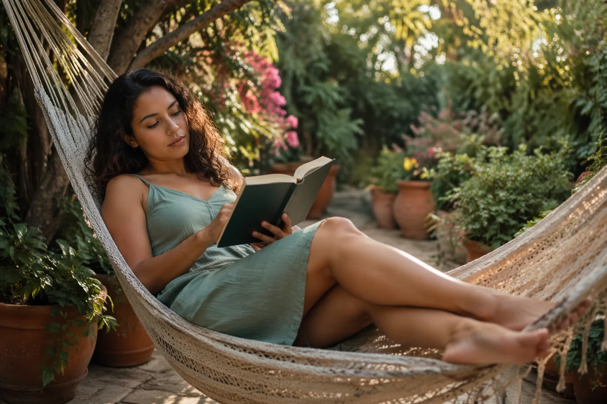 Young Woman Reading in Garden Hammock
