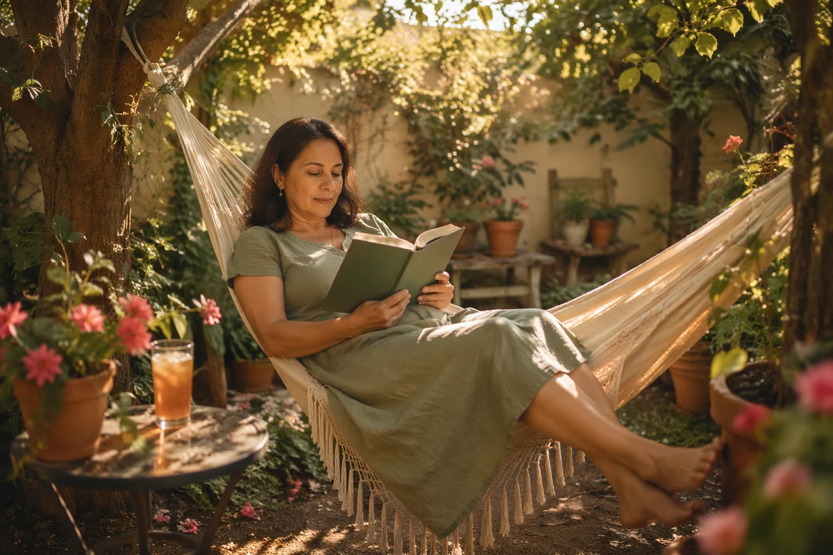 Woman Reading in Garden Hammock