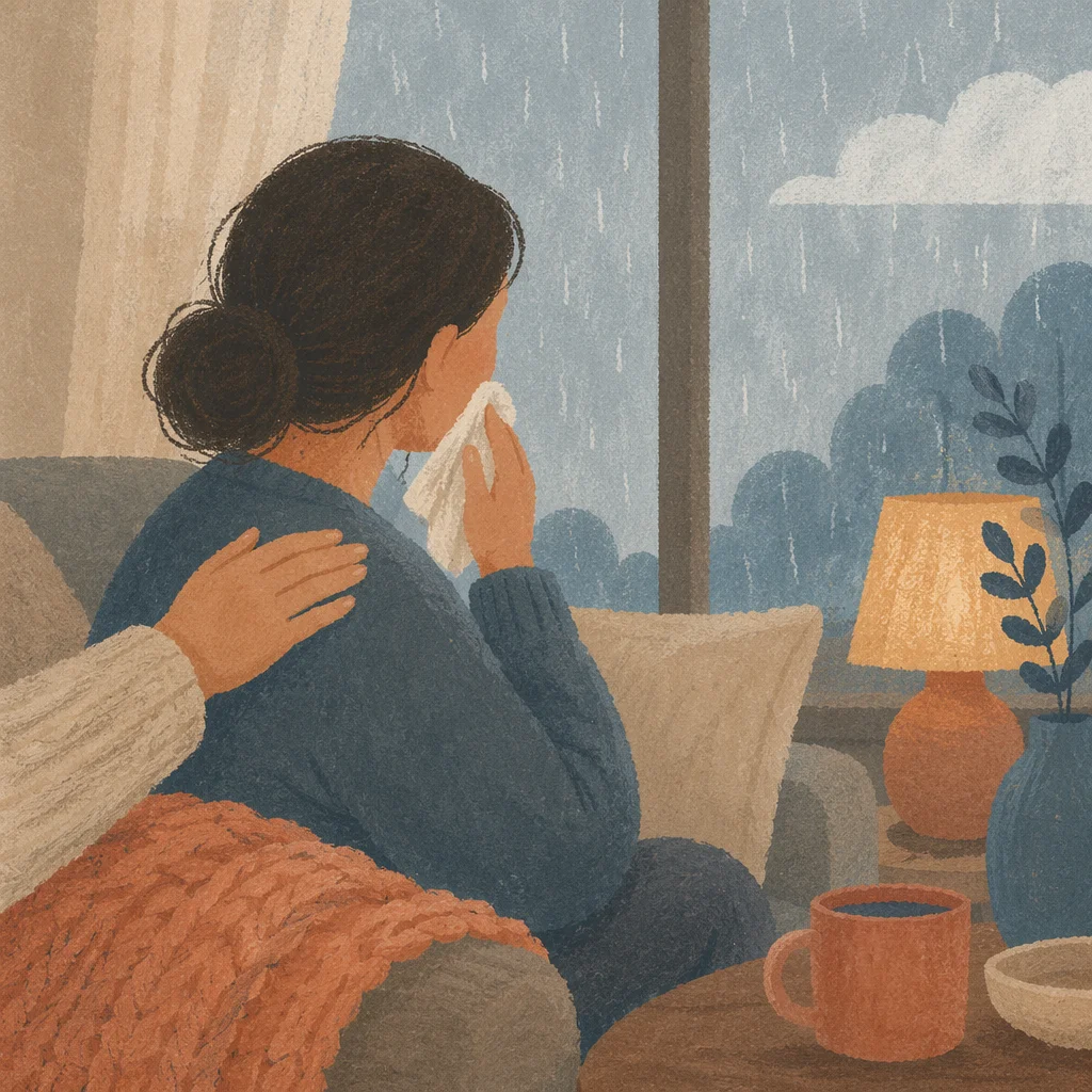 Woman Wiping Tears in Quiet Comfort