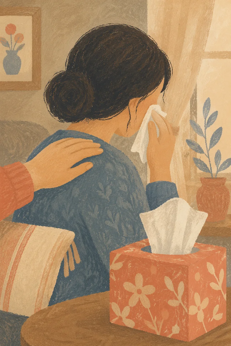 Woman Comforted While Wiping Away Tears