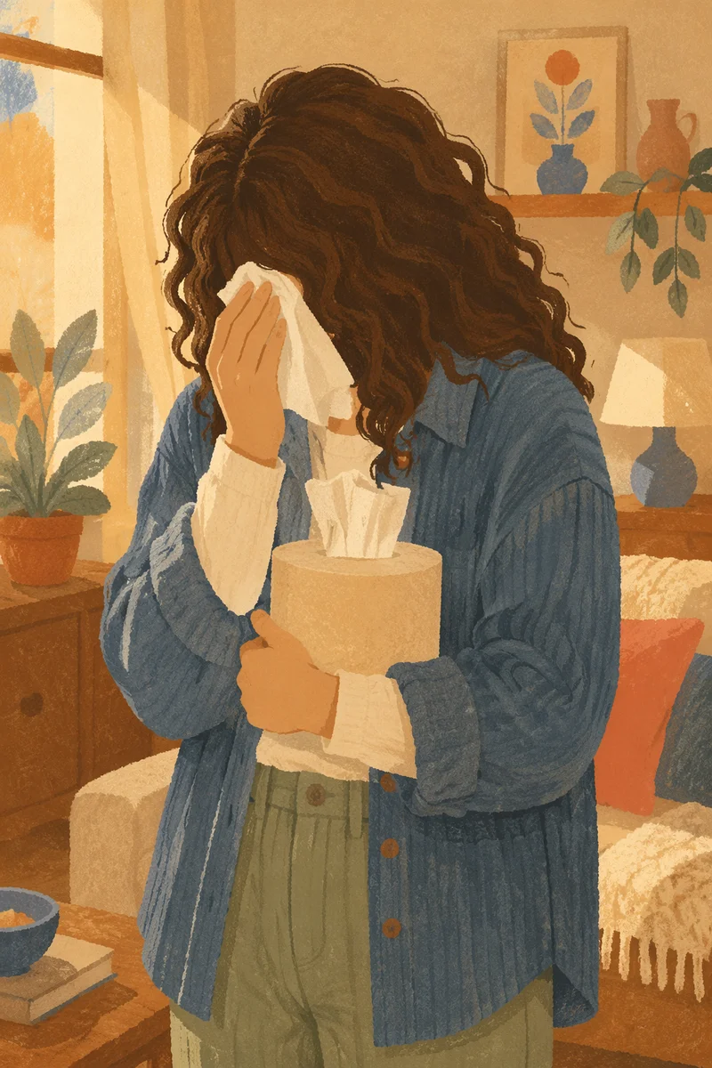 Woman Wiping Tears in Cozy Living Room