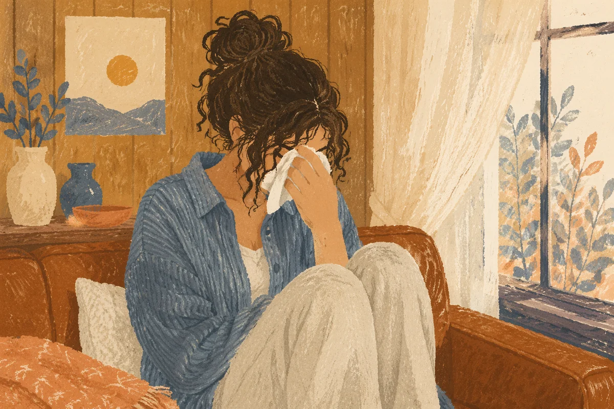 Young Woman Wiping Tears by Window